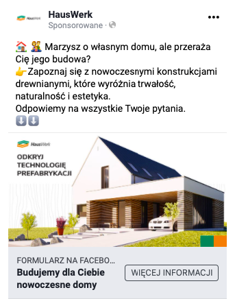 Przykładowa reklama z formularzem z kampanii Facebook Ads wykorzystywana przy kampanii HausWerk